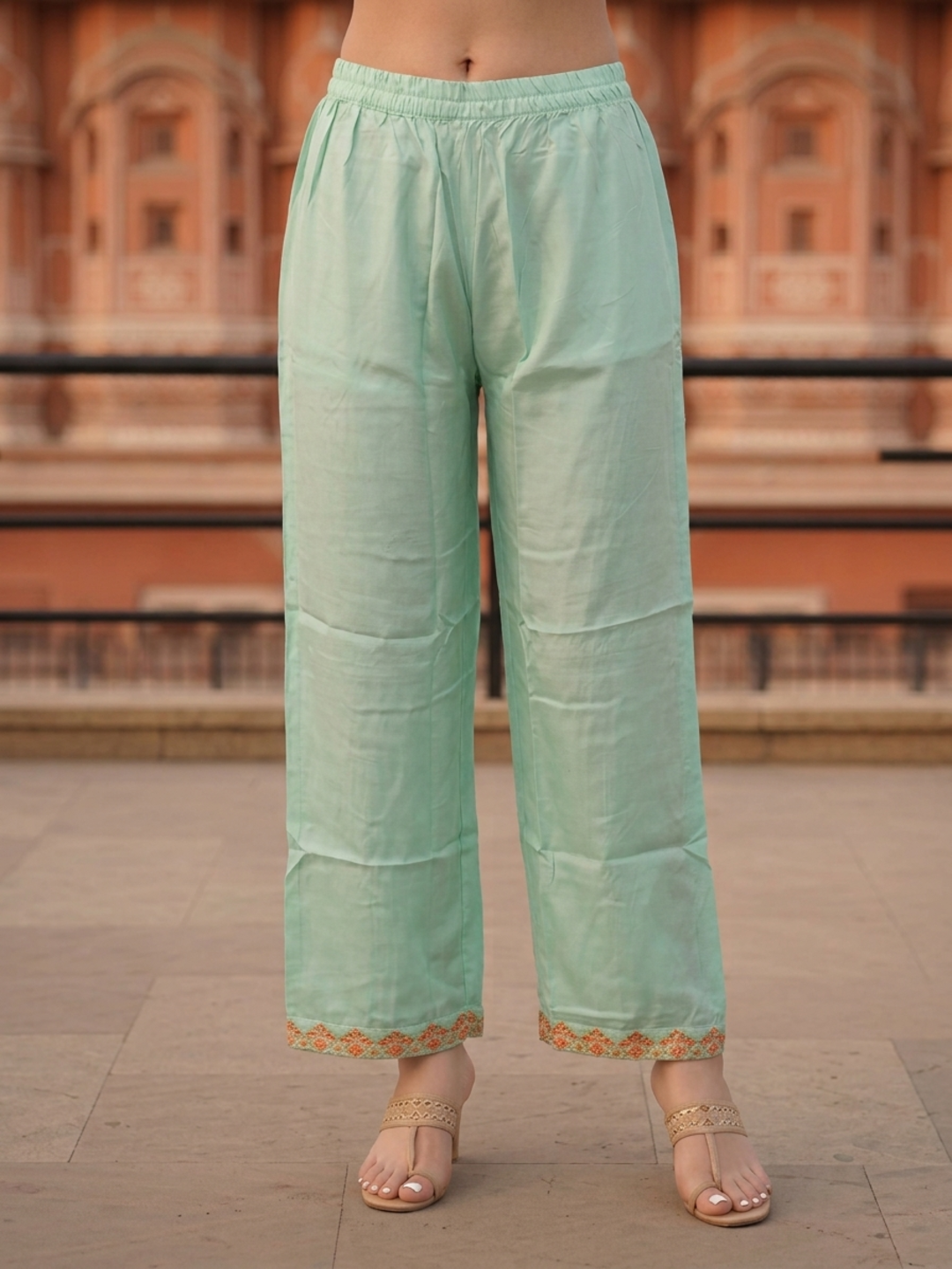Turquoise Blue Floral Embroidered Cotton Straight Kurta Set with V-Neck, Shantoon Palazzo & Georgette Taping Dupatta
