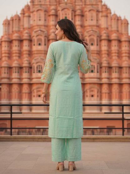 Turquoise Blue Floral Embroidered Cotton Straight Kurta Set with V-Neck, Shantoon Palazzo & Georgette Taping Dupatta
