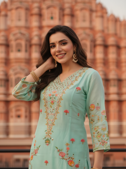 Turquoise Blue Floral Embroidered Cotton Straight Kurta Set with V-Neck, Shantoon Palazzo & Georgette Taping Dupatta