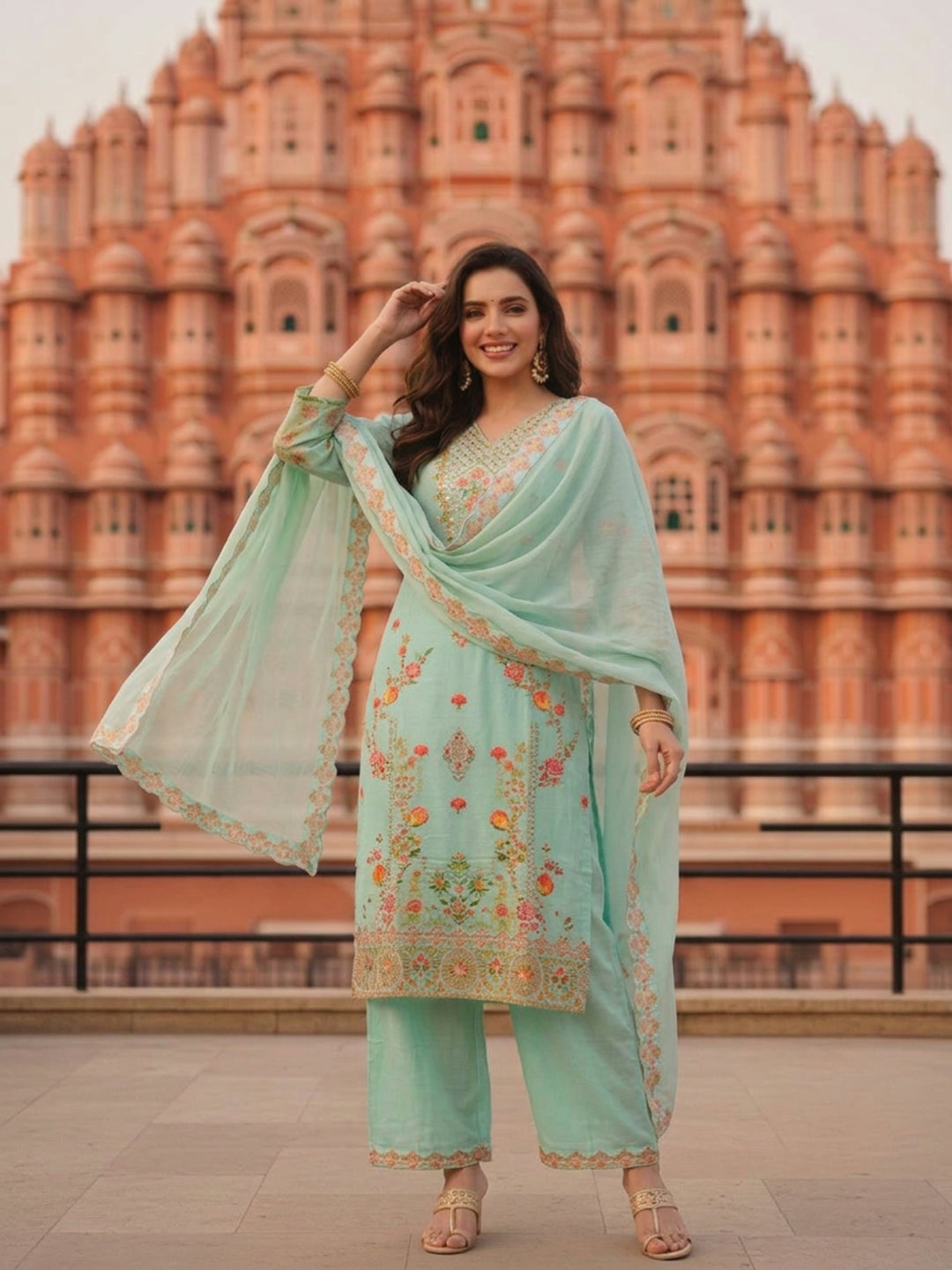 Turquoise Blue Floral Embroidered Cotton Straight Kurta Set with V-Neck, Shantoon Palazzo & Georgette Taping Dupatta