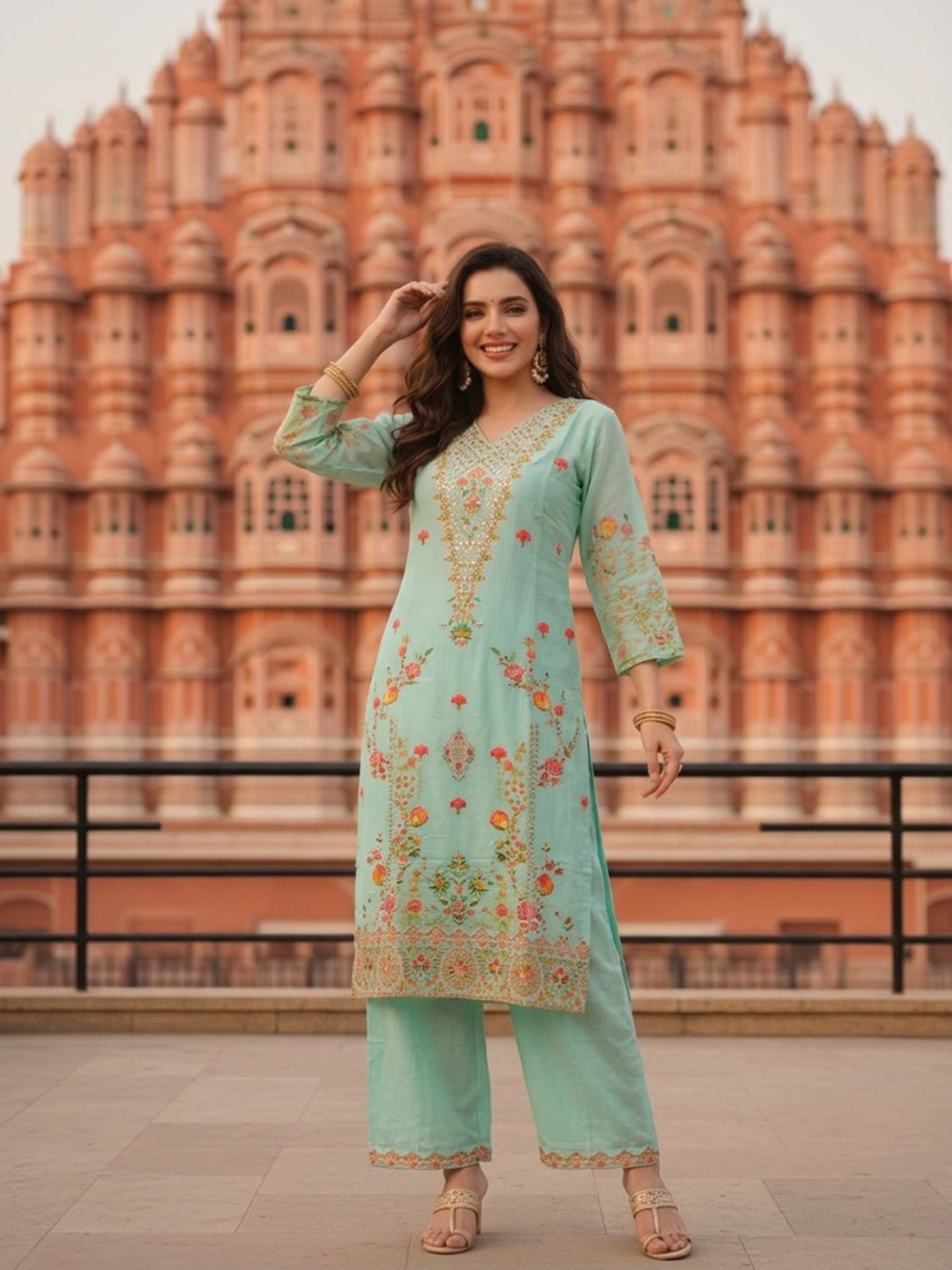 Turquoise Blue Floral Embroidered Cotton Straight Kurta Set with V-Neck, Shantoon Palazzo & Georgette Taping Dupatta