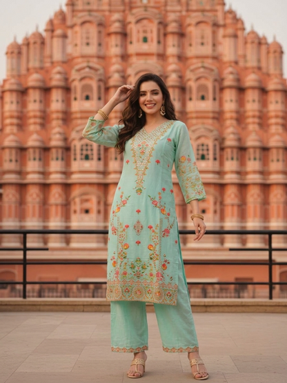 Turquoise Blue Floral Embroidered Cotton Straight Kurta Set with V-Neck, Shantoon Palazzo & Georgette Taping Dupatta