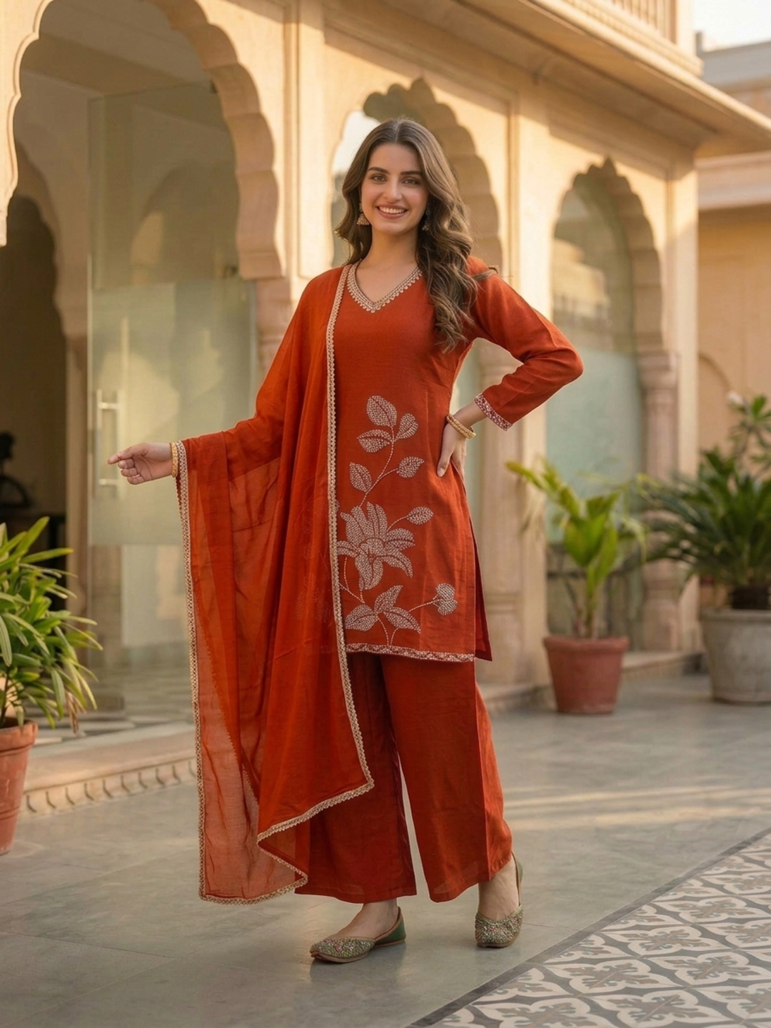 Rust Solid Crepe Straight Kurta Set with Floral Hand Embroidery & Sequin, Flared Palazzo & Taping Dupatta