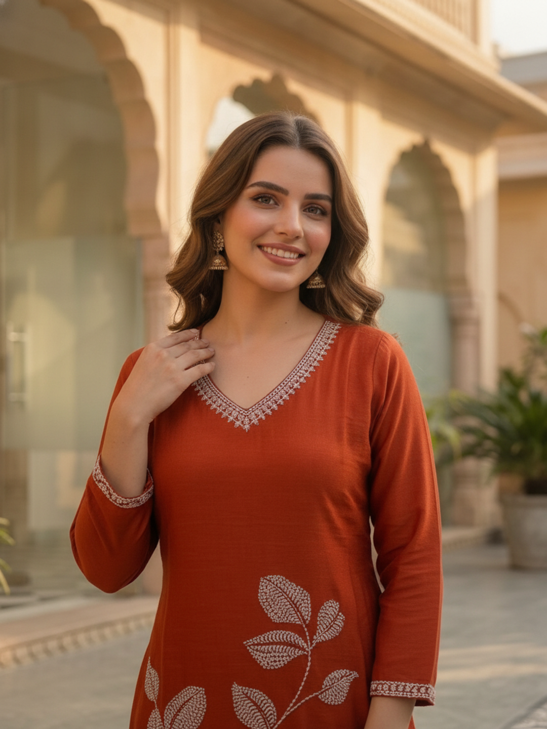 Rust Solid Crepe Straight Kurta Set with Floral Hand Embroidery & Sequin, Flared Palazzo & Taping Dupatta