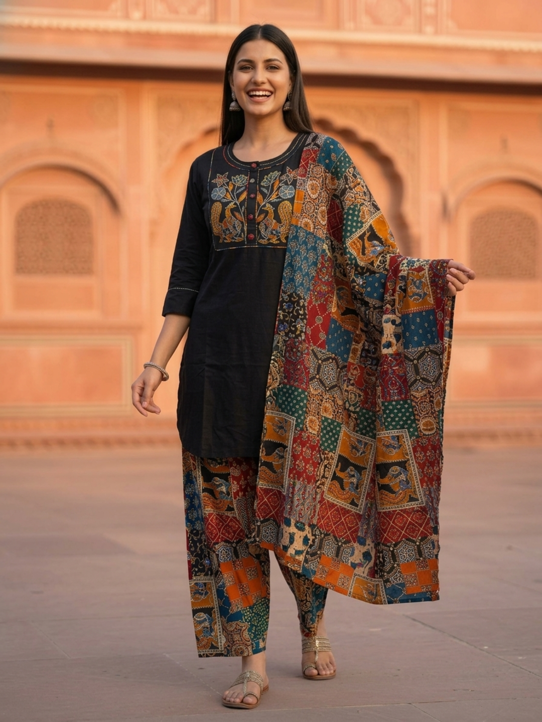 Black Solid Cotton Straight Kurta Set with Floral Patchwork Printed Yoke & Zari Highlights, Multicolor Salwar & Printed Cotton Dupatta