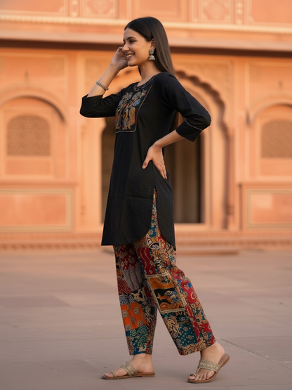 Black Solid Cotton Straight Kurta Set with Floral Patchwork Printed Yoke & Zari Highlights, Multicolor Salwar & Printed Cotton Dupatta