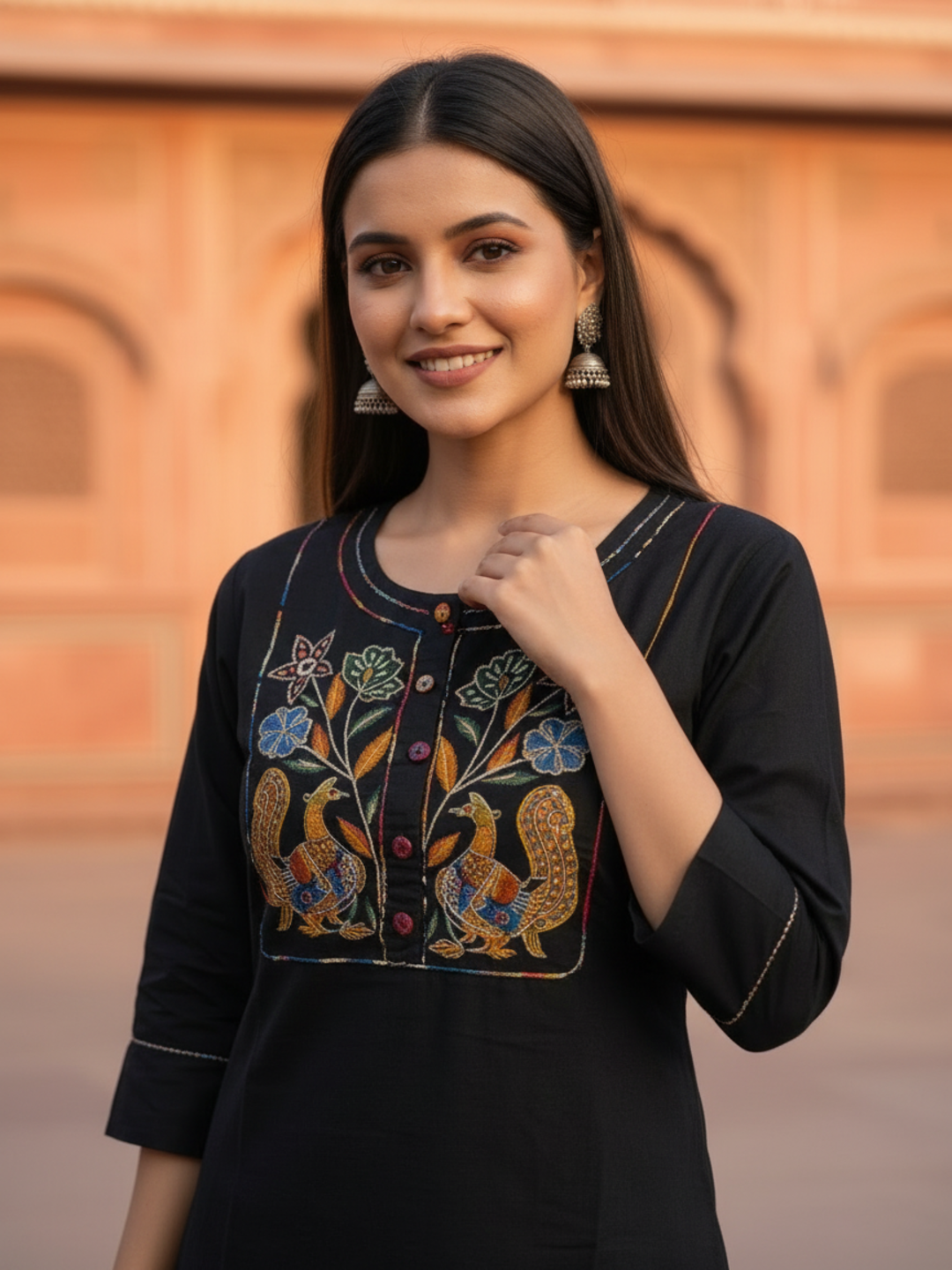 Black Solid Cotton Straight Kurta Set with Floral Patchwork Printed Yoke & Zari Highlights, Multicolor Salwar & Printed Cotton Dupatta