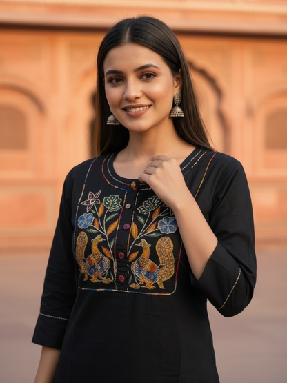 Black Solid Cotton Straight Kurta Set with Floral Patchwork Printed Yoke & Zari Highlights, Multicolor Salwar & Printed Cotton Dupatta
