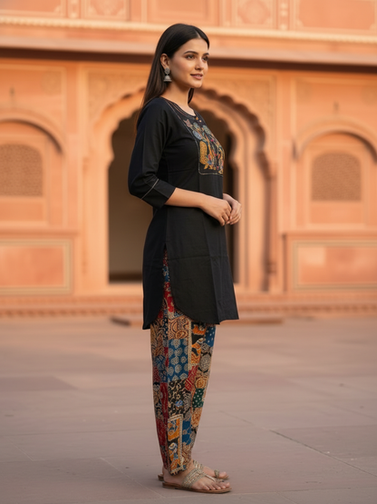 Black Solid Cotton Straight Kurta Set with Floral Patchwork Printed Yoke & Zari Highlights, Multicolor Salwar & Printed Cotton Dupatta