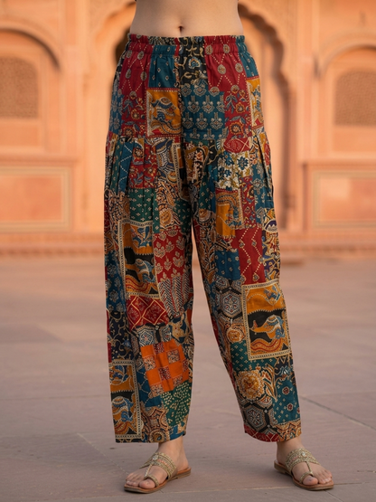 Black Solid Cotton Straight Kurta Set with Floral Patchwork Printed Yoke & Zari Highlights, Multicolor Salwar & Printed Cotton Dupatta