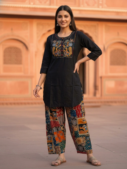 Black Solid Cotton Straight Kurta Set with Floral Patchwork Printed Yoke & Zari Highlights, Multicolor Salwar & Printed Cotton Dupatta