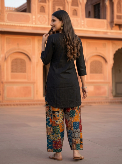 Black Solid Cotton Straight Kurta Set with Floral Patchwork Printed Yoke & Zari Highlights, Multicolor Salwar & Printed Cotton Dupatta