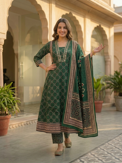 Bottle Green Ethnic Floral Printed Cotton Anarkali Kurta Set with Sequin & Embroidery, V-Neck, Palazzo & Printed Pure Cotton Dupatta