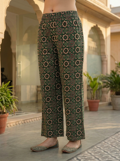 Bottle Green Ethnic Floral Printed Cotton Anarkali Kurta Set with Sequin & Embroidery, V-Neck, Palazzo & Printed Pure Cotton Dupatta