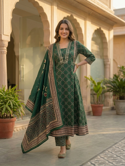 Bottle Green Ethnic Floral Printed Cotton Anarkali Kurta Set with Sequin & Embroidery, V-Neck, Palazzo & Printed Pure Cotton Dupatta