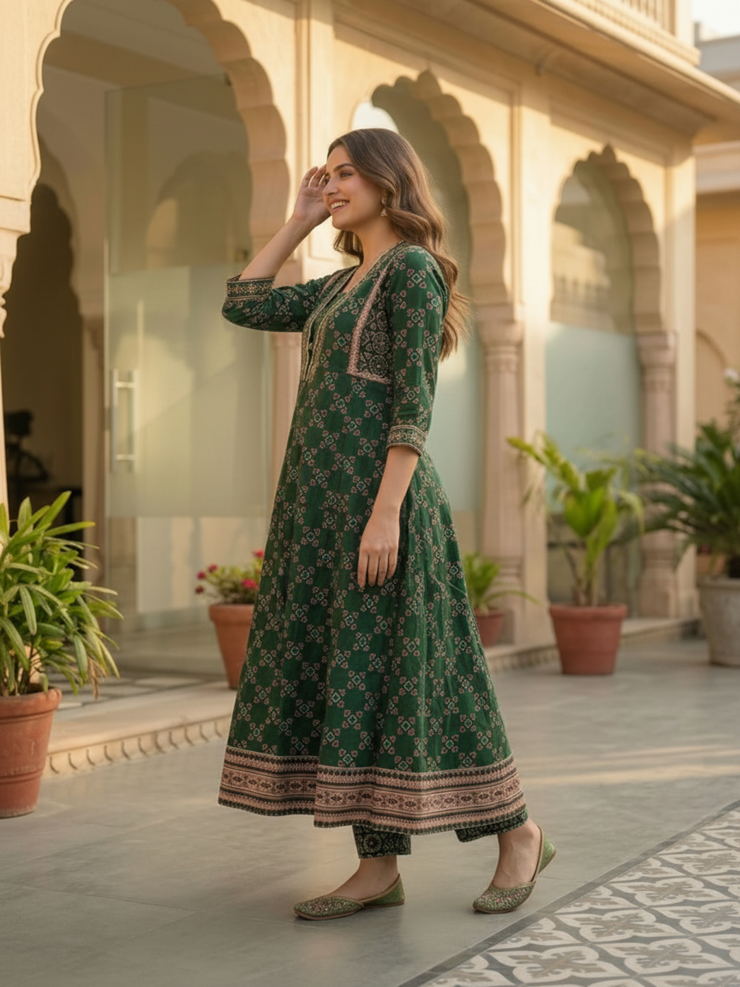 Bottle Green Ethnic Floral Printed Cotton Anarkali Kurta Set with Sequin & Embroidery, V-Neck, Palazzo & Printed Pure Cotton Dupatta