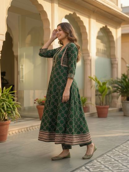 Bottle Green Ethnic Floral Printed Cotton Anarkali Kurta Set with Sequin & Embroidery, V-Neck, Palazzo & Printed Pure Cotton Dupatta