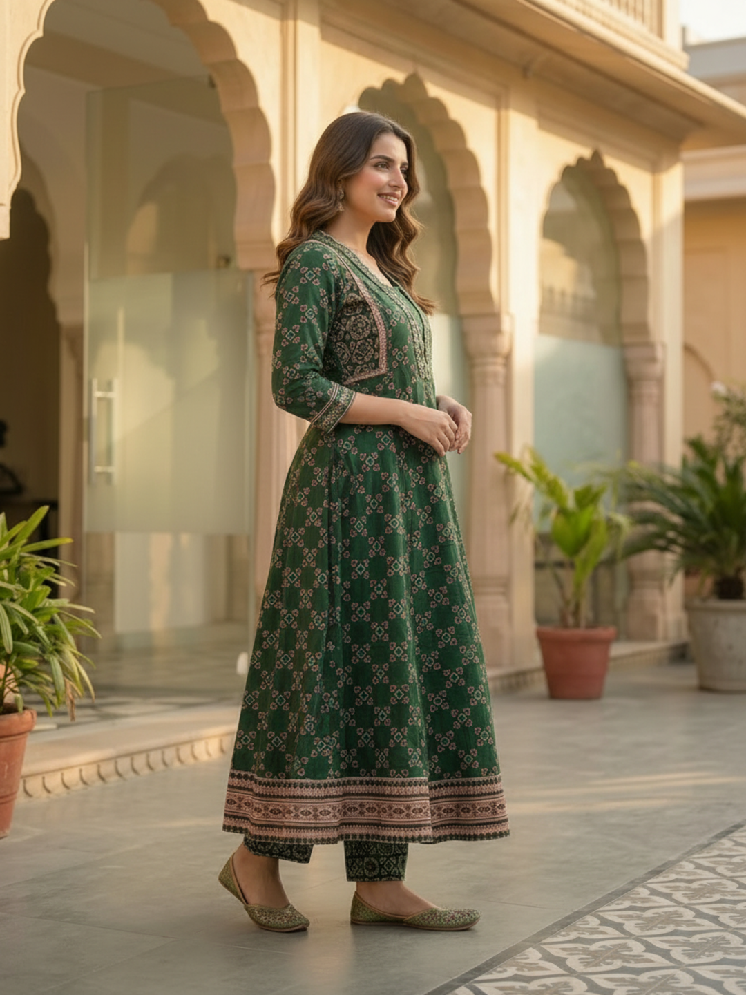 Bottle Green Ethnic Floral Printed Cotton Anarkali Kurta Set with Sequin & Embroidery, V-Neck, Palazzo & Printed Pure Cotton Dupatta