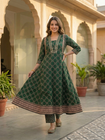 Bottle Green Ethnic Floral Printed Cotton Anarkali Kurta Set with Sequin & Embroidery, V-Neck, Palazzo & Printed Pure Cotton Dupatta