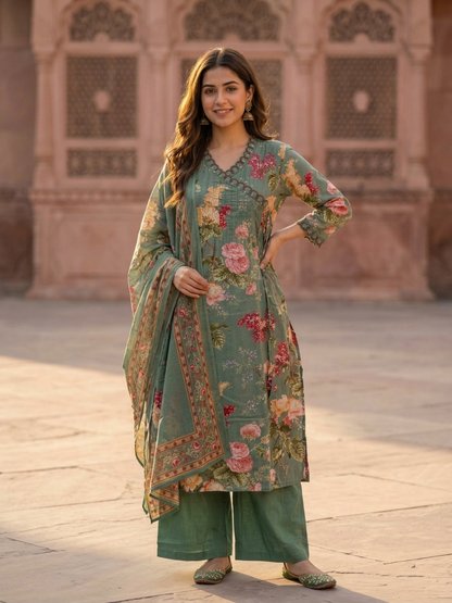 Sage Green Floral Printed Cotton A-Line Kurta Set with Embroidery & Pin-Tuck, V-Neck, Palazzo & Printed Pure Cotton Dupatta