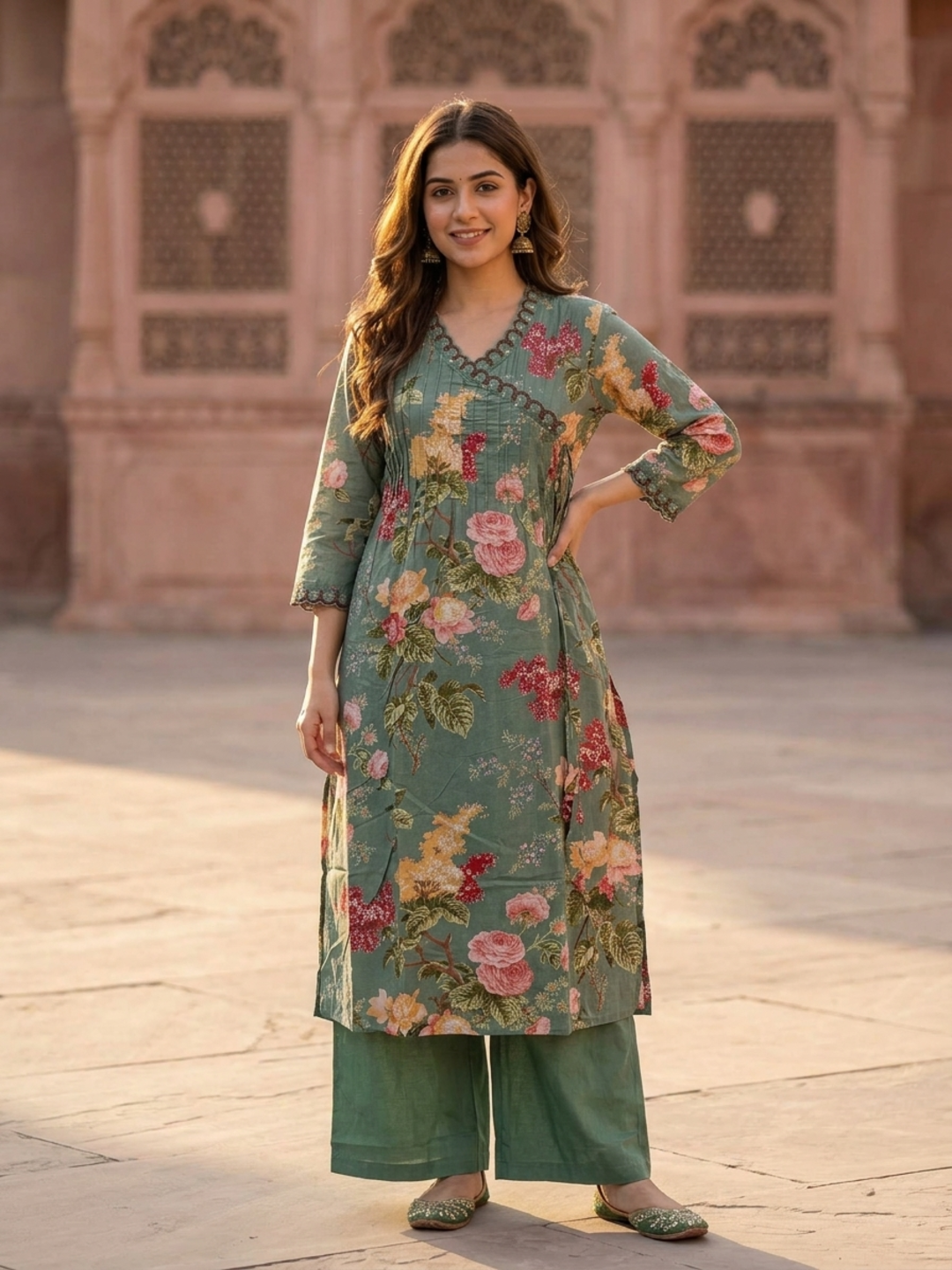 Sage Green Floral Printed Cotton A-Line Kurta Set with Embroidery & Pin-Tuck, V-Neck, Palazzo & Printed Pure Cotton Dupatta