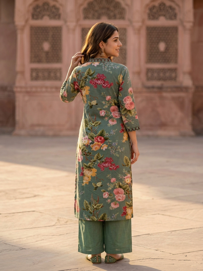 Sage Green Floral Printed Cotton A-Line Kurta Set with Embroidery & Pin-Tuck, V-Neck, Palazzo & Printed Pure Cotton Dupatta
