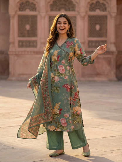 Sage Green Floral Printed Cotton A-Line Kurta Set with Embroidery & Pin-Tuck, V-Neck, Palazzo & Printed Pure Cotton Dupatta