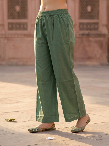 Sage Green Floral Printed Cotton A-Line Kurta Set with Embroidery & Pin-Tuck, V-Neck, Palazzo & Printed Pure Cotton Dupatta