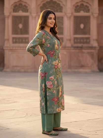 Sage Green Floral Printed Cotton A-Line Kurta Set with Embroidery & Pin-Tuck, V-Neck, Palazzo & Printed Pure Cotton Dupatta