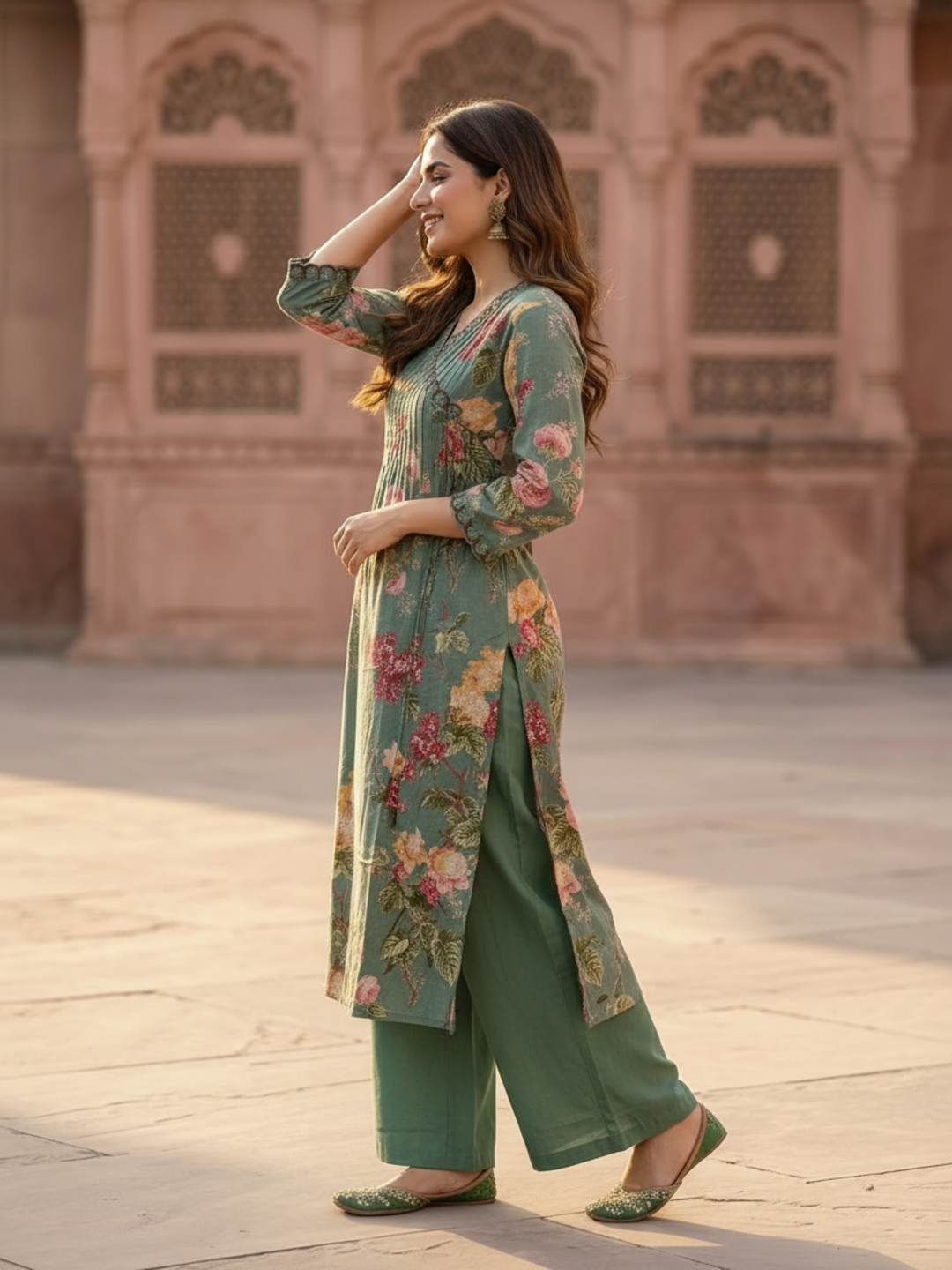 Sage Green Floral Printed Cotton A-Line Kurta Set with Embroidery & Pin-Tuck, V-Neck, Palazzo & Printed Pure Cotton Dupatta