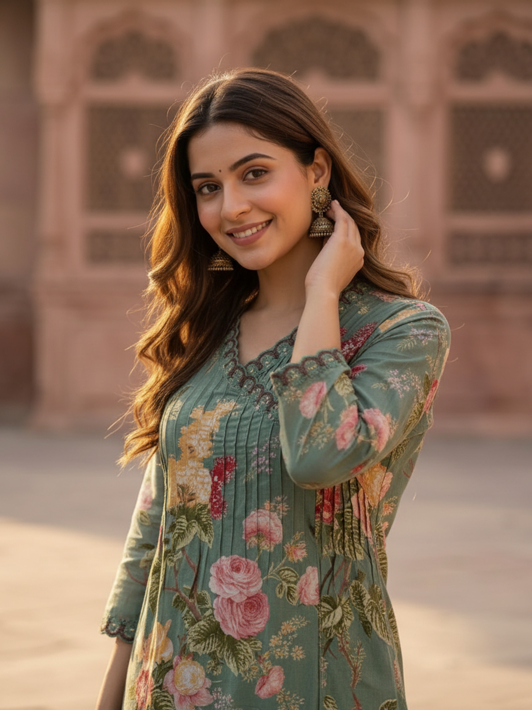 Sage Green Floral Printed Cotton A-Line Kurta Set with Embroidery & Pin-Tuck, V-Neck, Palazzo & Printed Pure Cotton Dupatta