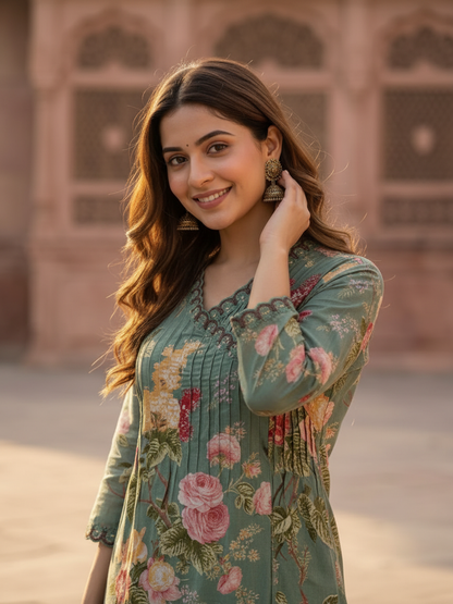 Sage Green Floral Printed Cotton A-Line Kurta Set with Embroidery & Pin-Tuck, V-Neck, Palazzo & Printed Pure Cotton Dupatta