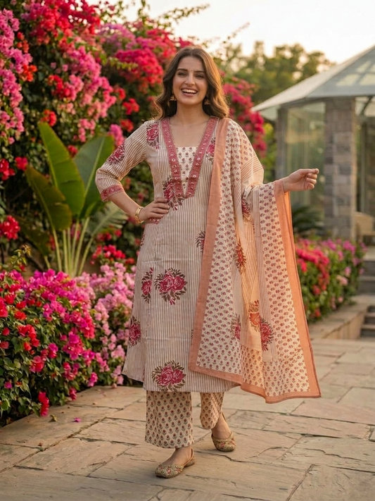 Cream Ethnic Floral Printed Cotton A-Line Kurta Set with Sequin & Embroidery, Shawl Collar, Palazzo & Printed Pure Cotton Dupatta