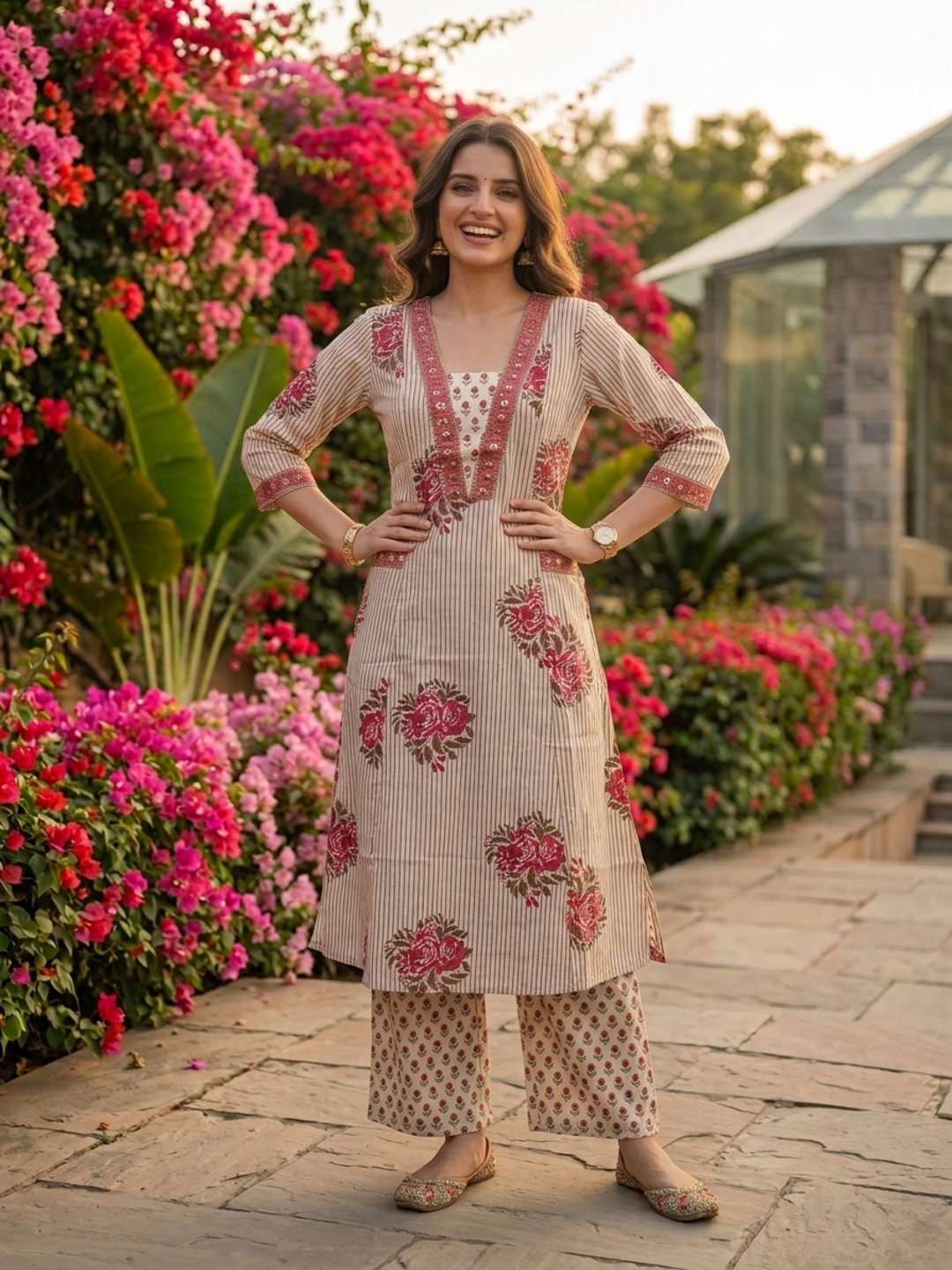 Cream Ethnic Floral Printed Cotton A-Line Kurta Set with Sequin & Embroidery, Shawl Collar, Palazzo & Printed Pure Cotton Dupatta