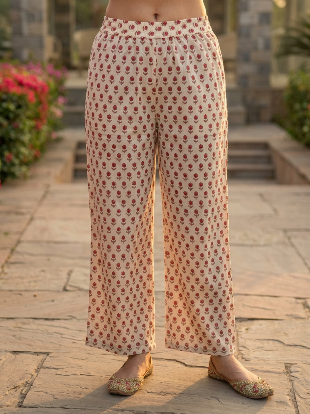 Cream Ethnic Floral Printed Cotton A-Line Kurta Set with Sequin & Embroidery, Shawl Collar, Palazzo & Printed Pure Cotton Dupatta
