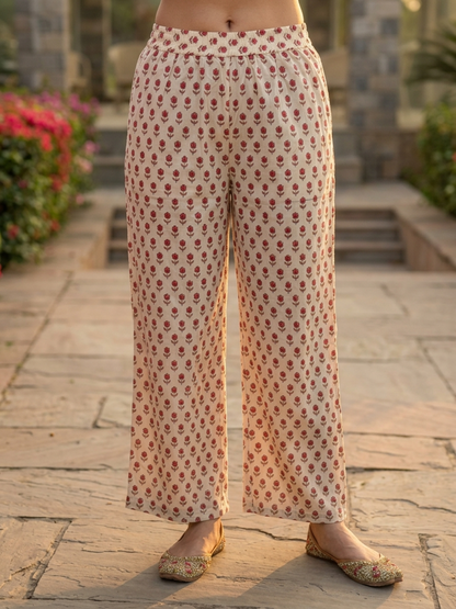 Cream Ethnic Floral Printed Cotton A-Line Kurta Set with Sequin & Embroidery, Shawl Collar, Palazzo & Printed Pure Cotton Dupatta