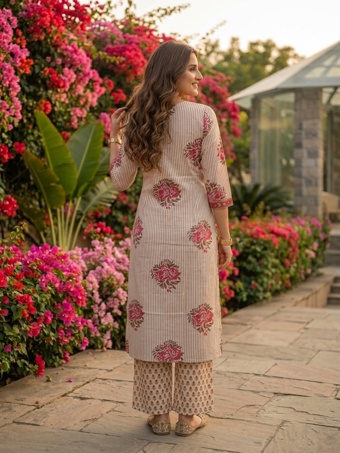 Cream Ethnic Floral Printed Cotton A-Line Kurta Set with Sequin & Embroidery, Shawl Collar, Palazzo & Printed Pure Cotton Dupatta