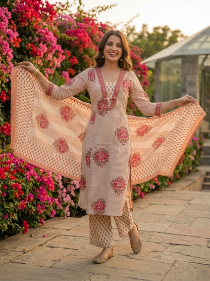 Cream Ethnic Floral Printed Cotton A-Line Kurta Set with Sequin & Embroidery, Shawl Collar, Palazzo & Printed Pure Cotton Dupatta