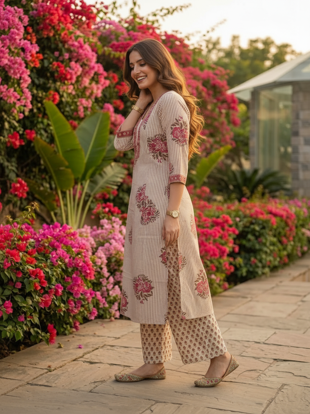 Cream Ethnic Floral Printed Cotton A-Line Kurta Set with Sequin & Embroidery, Shawl Collar, Palazzo & Printed Pure Cotton Dupatta