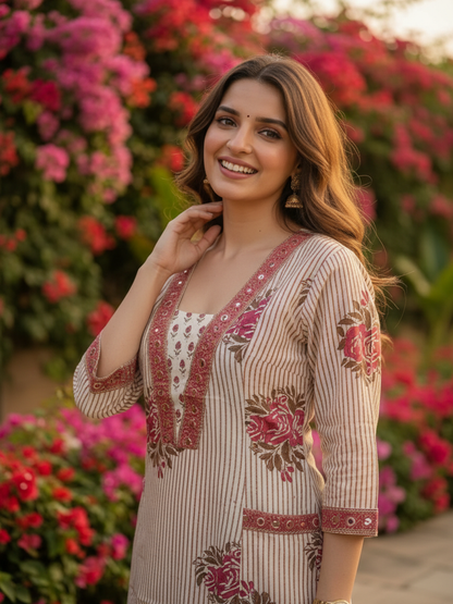 Cream Ethnic Floral Printed Cotton A-Line Kurta Set with Sequin & Embroidery, Shawl Collar, Palazzo & Printed Pure Cotton Dupatta