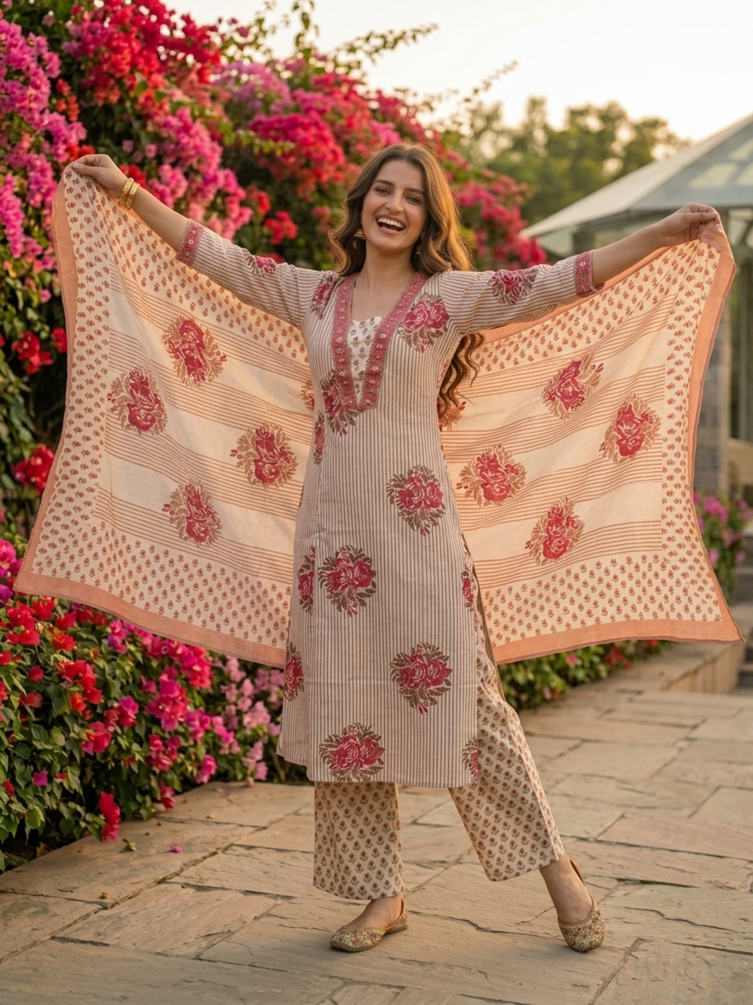 Cream Ethnic Floral Printed Cotton A-Line Kurta Set with Sequin & Embroidery, Shawl Collar, Palazzo & Printed Pure Cotton Dupatta