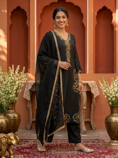 Olive Green Floral Printed Viscose Rayon Straight Kurta Co-ord Set with Thread Embroidery & Sequin, V-Neck & Printed Palazzo