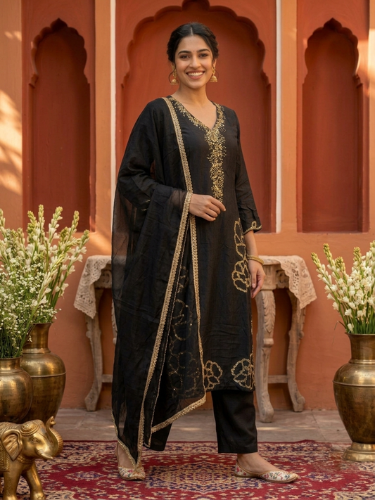 Olive Green Floral Printed Viscose Rayon Straight Kurta Co-ord Set with Thread Embroidery & Sequin, V-Neck & Printed Palazzo