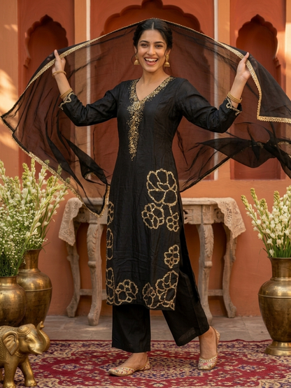 Olive Green Floral Printed Viscose Rayon Straight Kurta Co-ord Set with Thread Embroidery & Sequin, V-Neck & Printed Palazzo