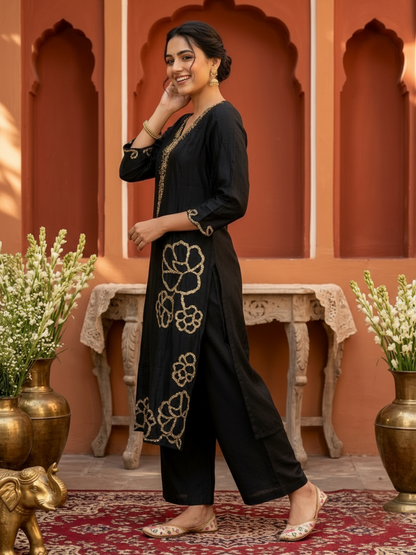 Olive Green Floral Printed Viscose Rayon Straight Kurta Co-ord Set with Thread Embroidery & Sequin, V-Neck & Printed Palazzo