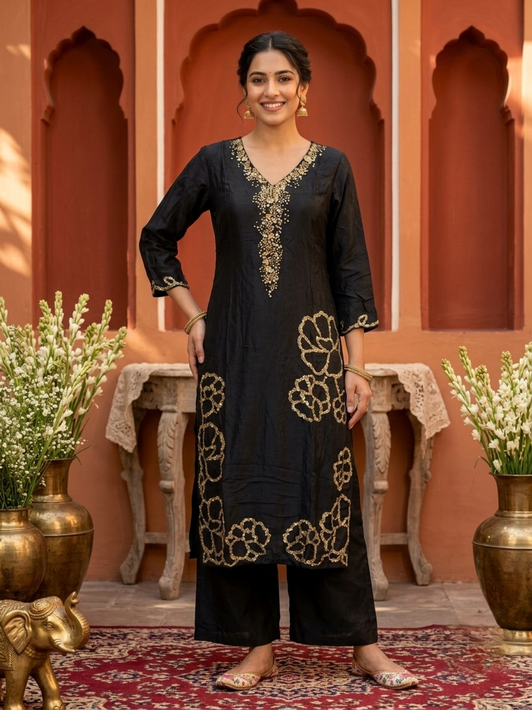 Olive Green Floral Printed Viscose Rayon Straight Kurta Co-ord Set with Thread Embroidery & Sequin, V-Neck & Printed Palazzo