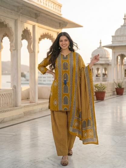 Mustard Yellow Ethnic Floral Printed Pure Cotton Straight Kurta Set with Mirror Work, Round Neck, Farshi Salwar & Printed Pure Cotton Dupatta