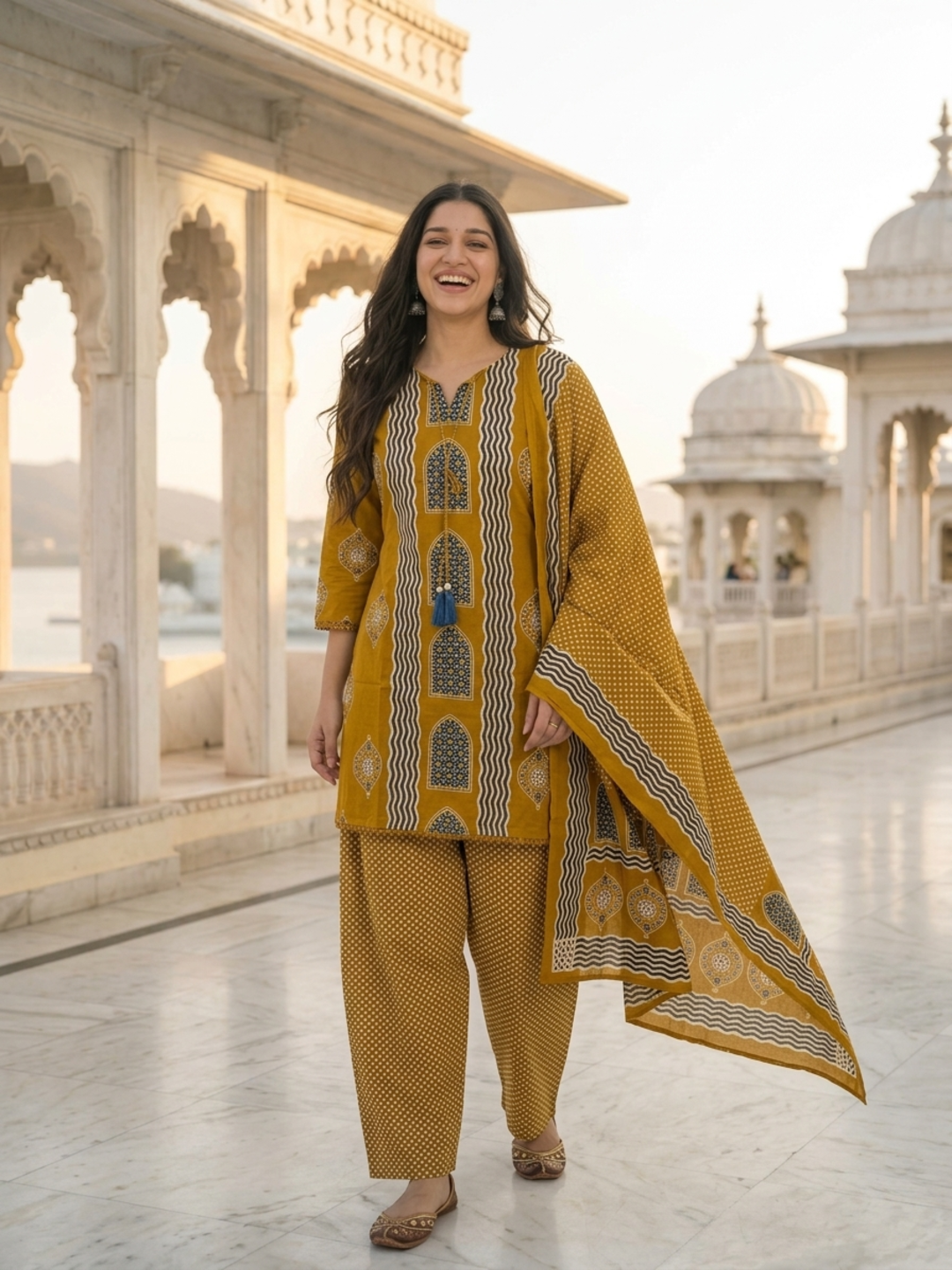 Mustard Yellow Ethnic Floral Printed Pure Cotton Straight Kurta Set with Mirror Work, Round Neck, Farshi Salwar & Printed Pure Cotton Dupatta