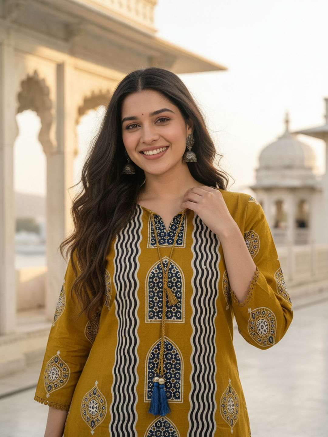 Mustard Yellow Ethnic Floral Printed Pure Cotton Straight Kurta Set with Mirror Work, Round Neck, Farshi Salwar & Printed Pure Cotton Dupatta