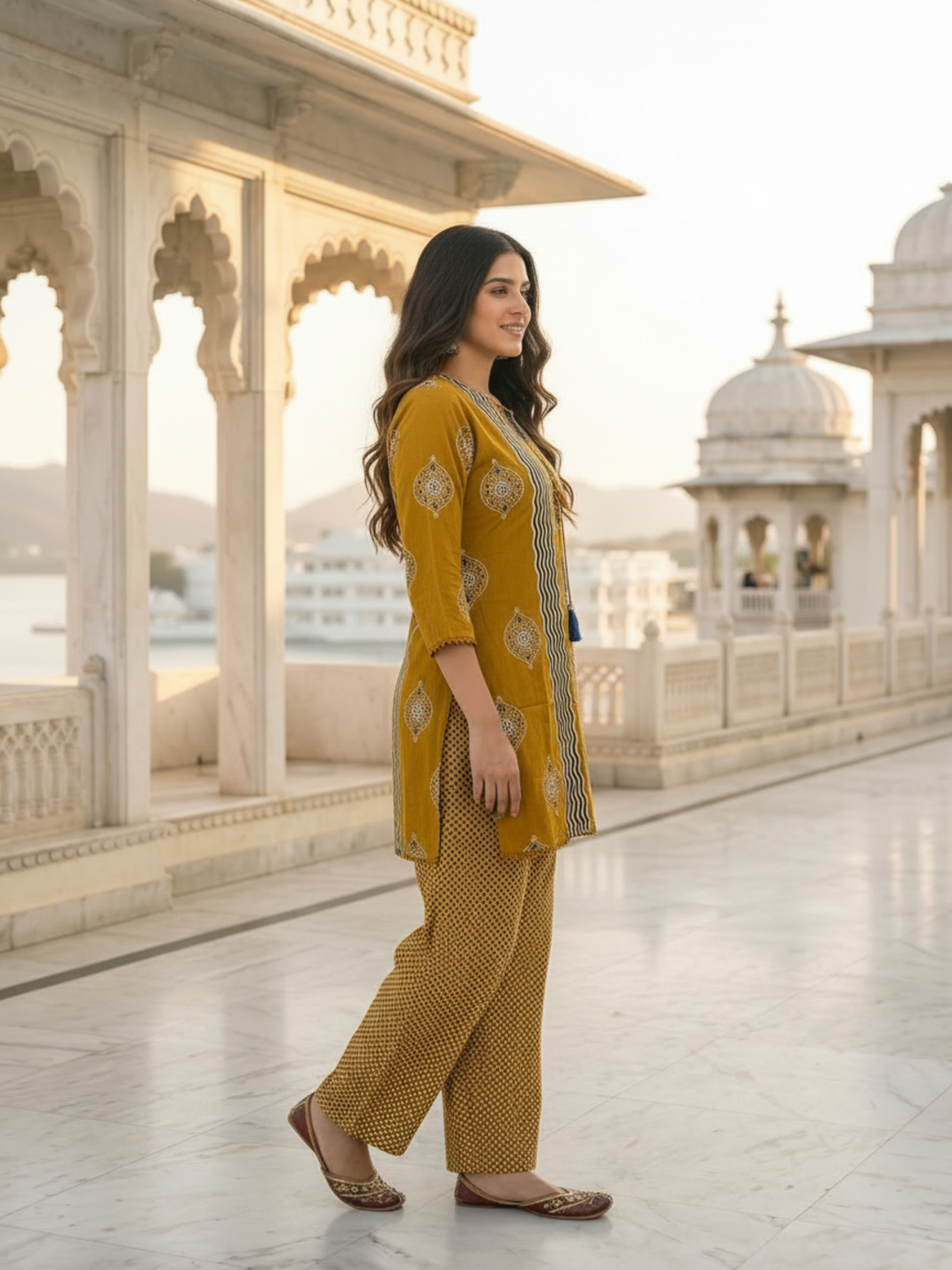 Mustard Yellow Ethnic Floral Printed Pure Cotton Straight Kurta Set with Mirror Work, Round Neck, Farshi Salwar & Printed Pure Cotton Dupatta
